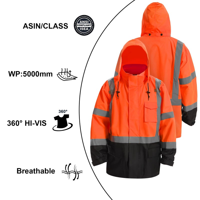 DPSAFETY Reflective Rain jackets for men waterproof,Hi Vis Safety Coat With Reflective Strips,High Visibility Class 3 Rain jackets With 2 large pockets,Zipper,Black Bottom Orange,LG/XL - Image 5